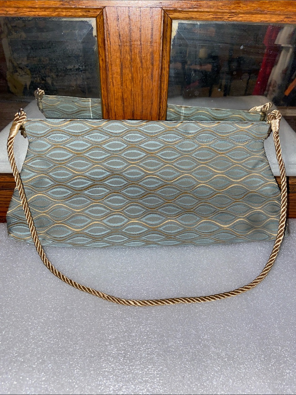 Bags By Monica Elegant Blue-Green Wave-Pattern Evening Bag with Gold Rope Strap